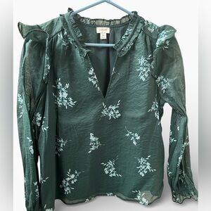 J. Crew Dark Green Floral Blouse XS